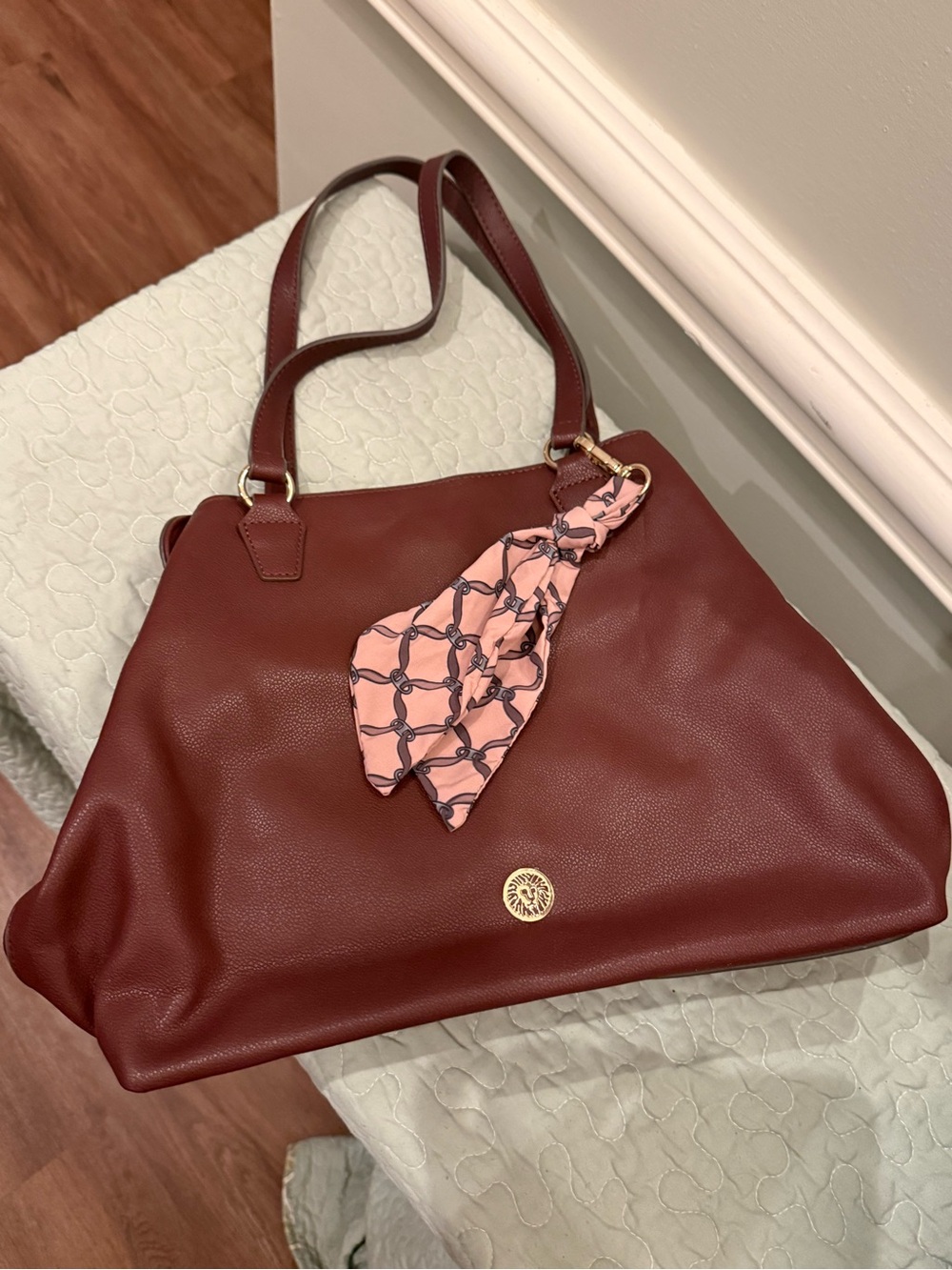 Anne Klein Burgundy Leather Tote with Pink Scarf Accent